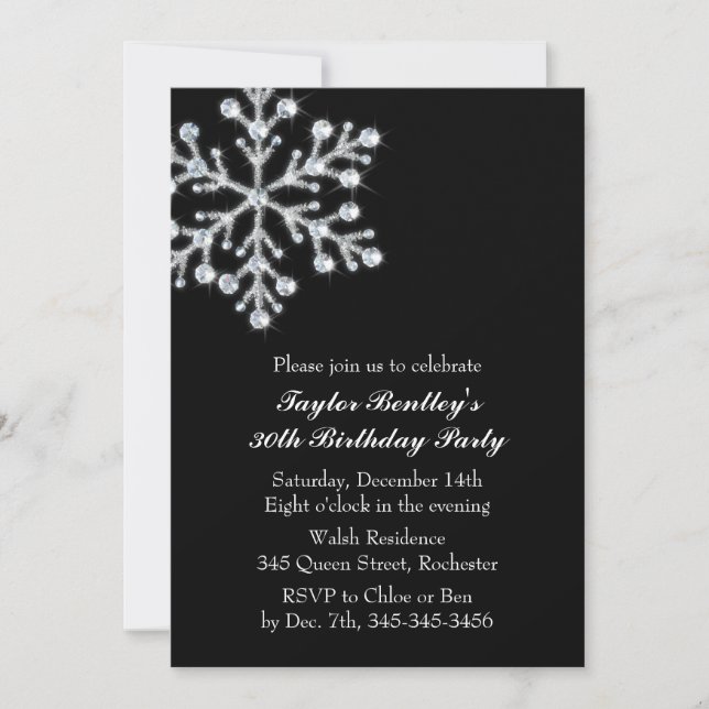 Hiver Cristal Anniversaire Fête Invitation noir (Devant)