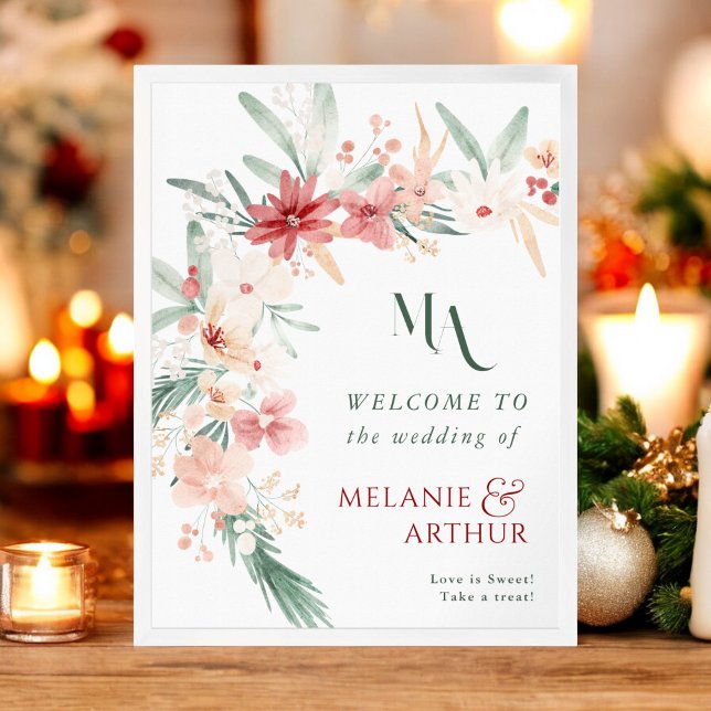 Hiver Floral Noël Mariage Affiche de bienvenue (Winter Floral Christmas Wedding Welcome Sign)