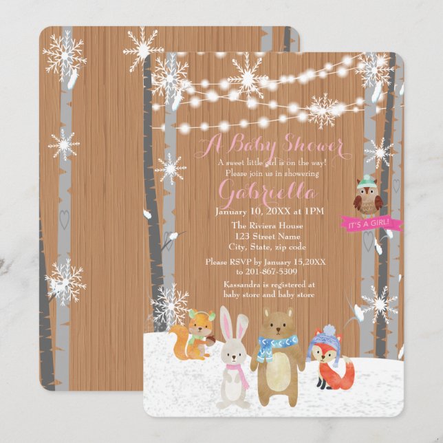 Hiver Forêt de Bois Bébé Fille Douche Invitation (Devant / Derrière)