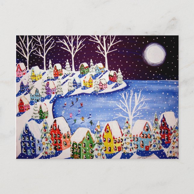 Hiver Fun Patinage de glace Maisons Carte postale (Devant)