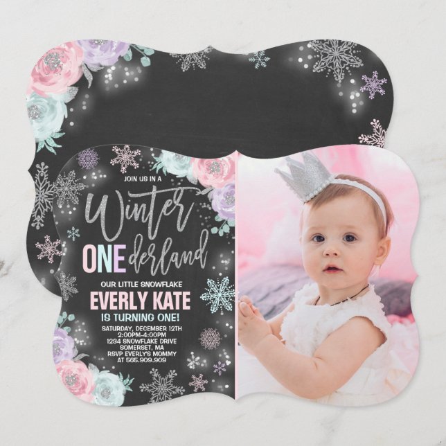 Hiver ONE derland Anniversaire Invitation Argent r (Devant / Derrière)