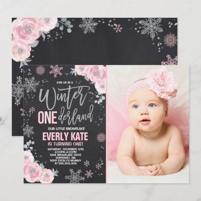 Hiver ONE derland Anniversaire Invitation Argent r (Devant / Derrière)