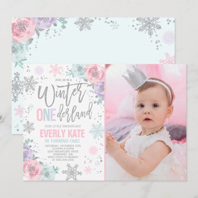 Hiver ONE derland Anniversaire Invitation Argent r (Devant / Derrière)