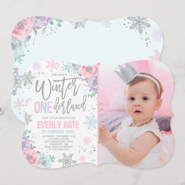 Hiver ONE derland Anniversaire Invitation Argent r (Devant / Derrière)