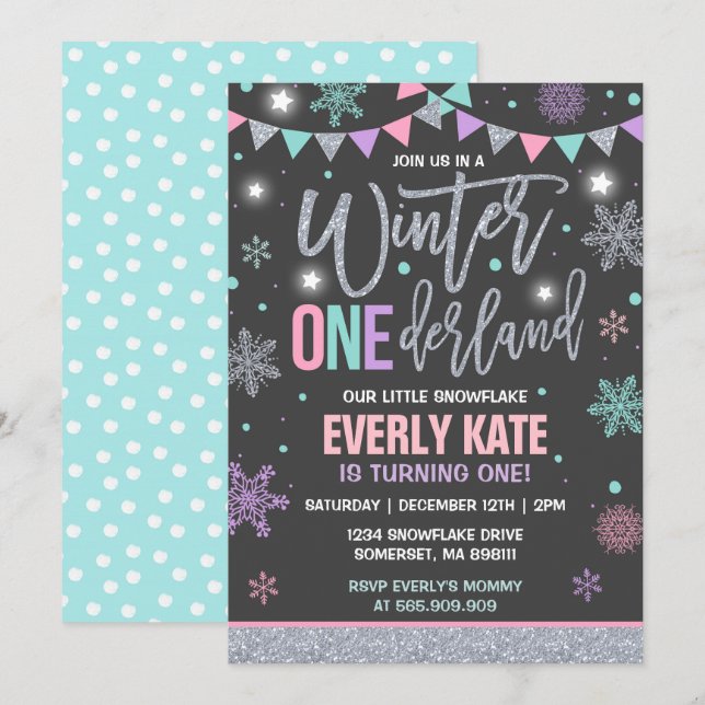 Hiver ONE derland Anniversaire Invitation Argent r (Devant / Derrière)