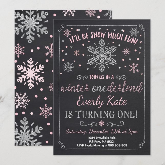 Hiver ONE derland Anniversaire Invitation Argent r (Devant / Derrière)