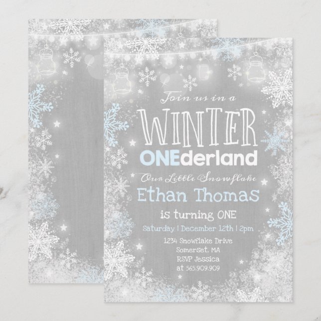 Hiver ONE derland Anniversaire Invitation Bleu Bla (Devant / Derrière)