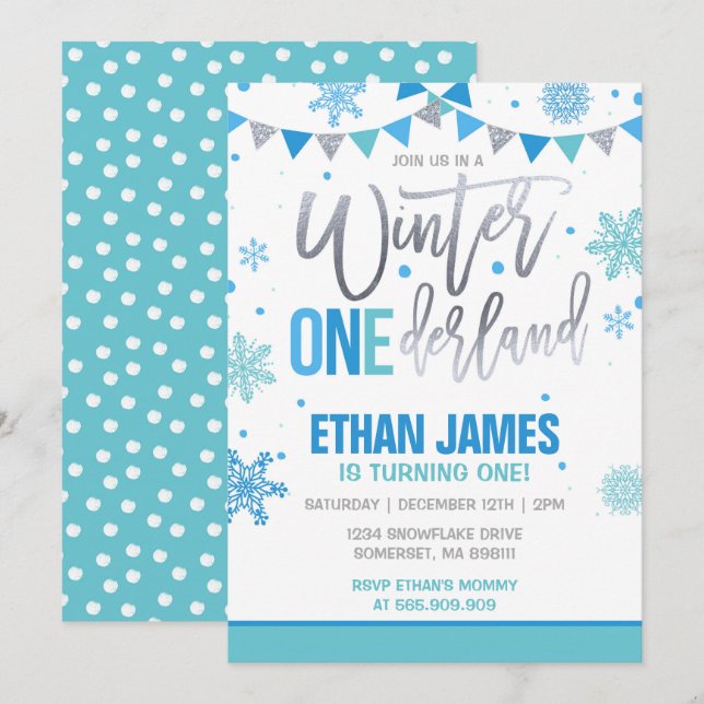 Hiver ONE derland Anniversaire Invitation Bleu et  (Devant / Derrière)
