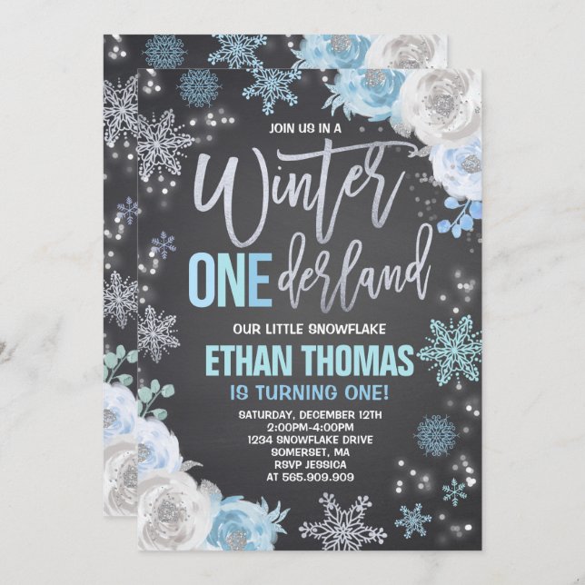 Hiver ONE derland Anniversaire Invitation Blue Sil (Devant / Derrière)