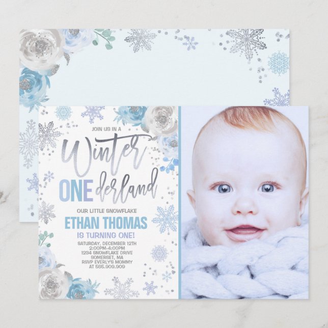 Hiver ONE derland Anniversaire Invitation Blue Sil (Devant / Derrière)