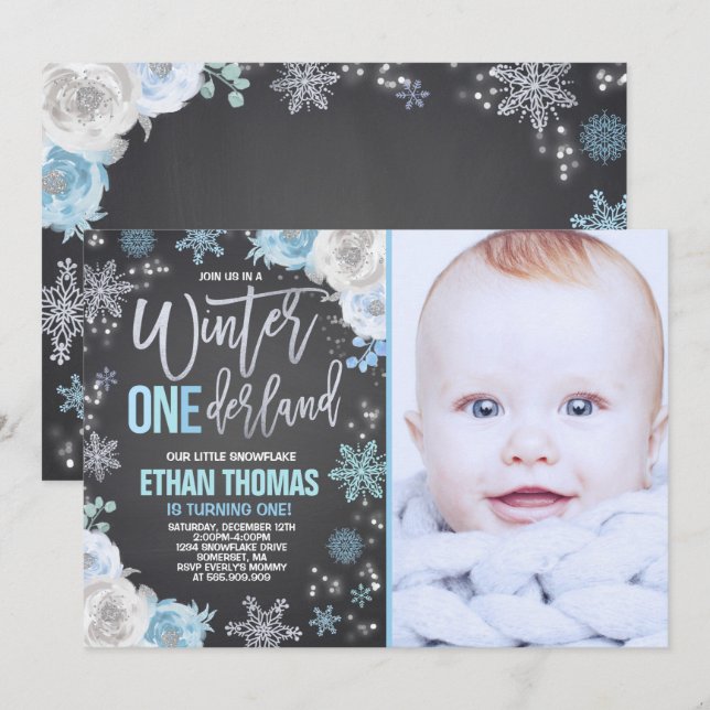 Hiver ONE derland Anniversaire Invitation Blue Sil (Devant / Derrière)