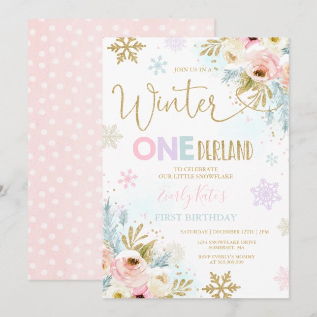 Hiver ONE derland Anniversaire Invitation Gold Ros (Devant / Derrière)