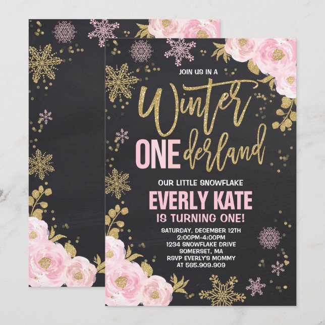 Hiver ONE derland Anniversaire Invitation Or rose (Devant / Derrière)
