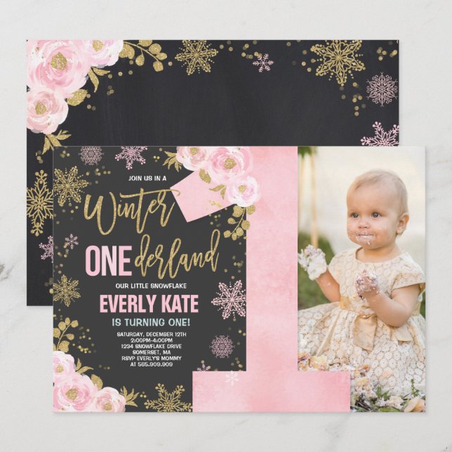 Hiver ONE derland Anniversaire Invitation Or rose (Devant / Derrière)