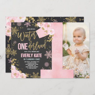 Hiver ONE derland Anniversaire Invitation Or rose