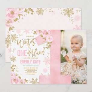 Hiver ONE derland Anniversaire Invitation Or rose