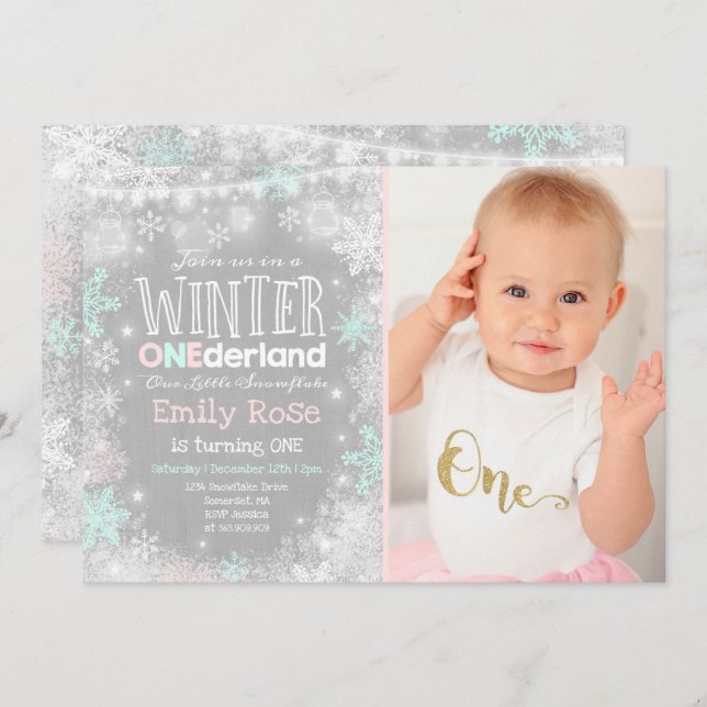 Hiver ONE derland Anniversaire Invitation Pink Min (Devant / Derrière)