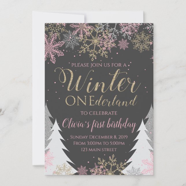 Hiver ONE derland Anniversaire Invitation rose (Devant)