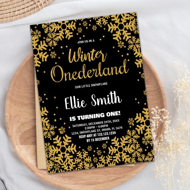 Hiver ONE derland Anniversaire Invitations Gold Bl (Winter ONEderland Birthday Invitations Gold Black)