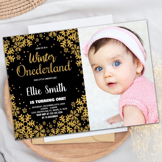 Hiver ONE derland Anniversaire Invitations Gold Ph (Winter ONEderland Birthday Invitations Gold Photo)