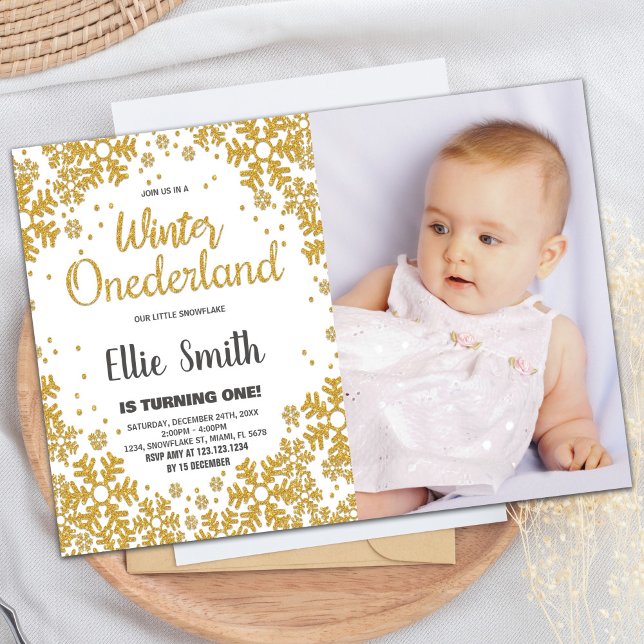 Hiver ONE derland Anniversaire Invitations Gold Ph (Winter ONEderland Birthday Invitations Gold Photo)