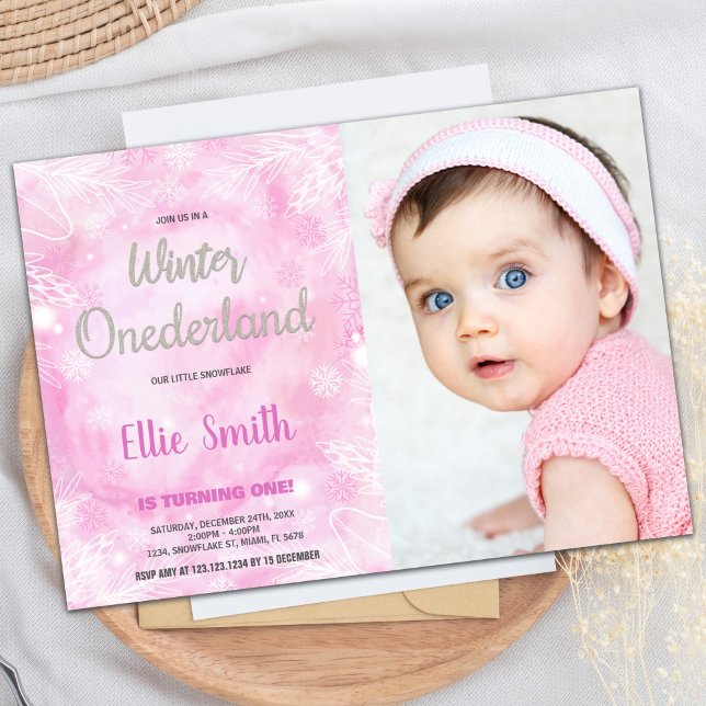 Hiver ONE derland Anniversaire Invitations Pink Ph (Winter ONEderland Birthday Invitations Pink Photo)