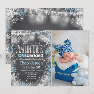 Hiver ONE derland Invitation Anniversaire Bleu Bla