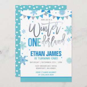 Hiver ONE derland Invitation Anniversaire Bleu et