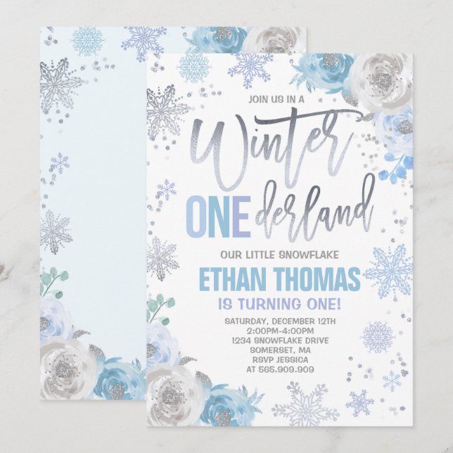 Hiver ONE derland Invitation Anniversaire Blue Sil (Devant / Derrière)