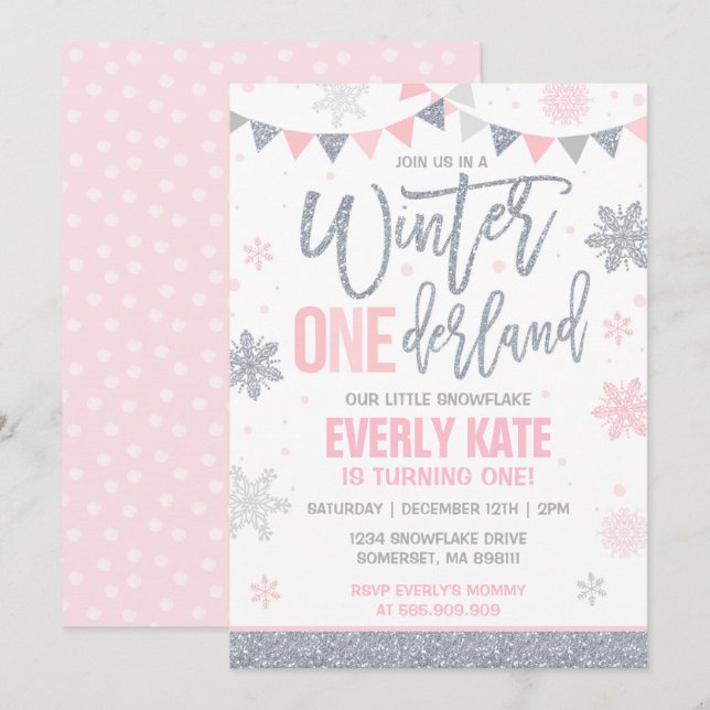 Hiver ONE derland Invitation Anniversaire Pink Sil (Devant / Derrière)