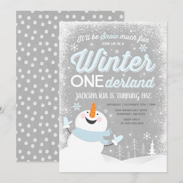 Hiver ONE derland Invitation Anniversaire Snowman  (Devant / Derrière)