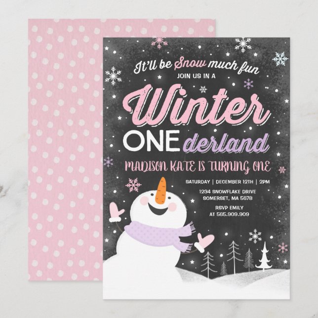 Hiver ONE derland Invitation Anniversaire Snowman  (Devant / Derrière)