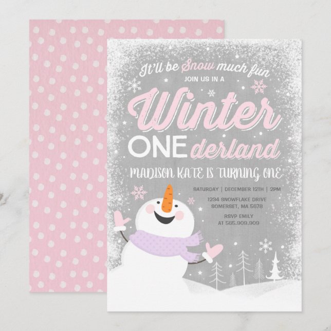 Hiver ONE derland Invitation Anniversaire Snowman  (Devant / Derrière)