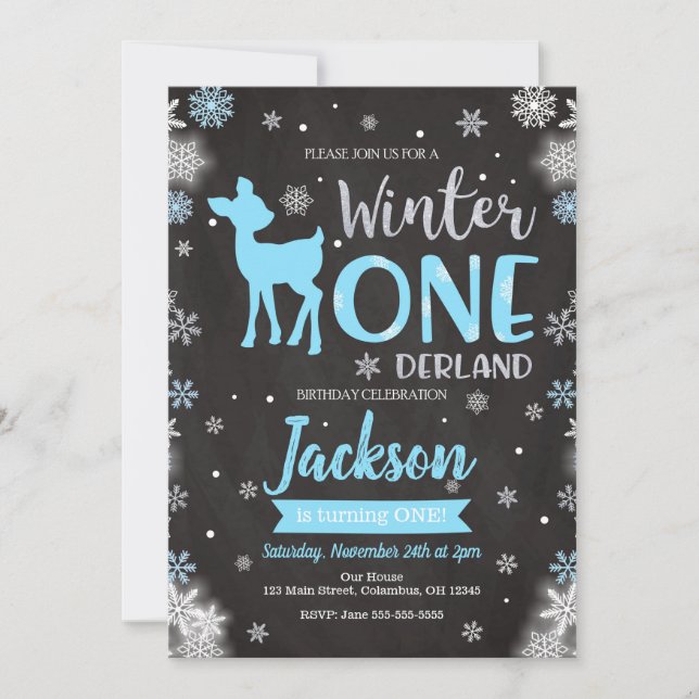 Hiver ONEderland Deer 1er Anniversaire Invitation (Devant)