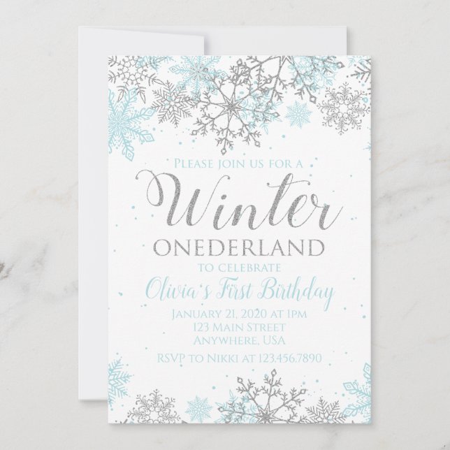 Hiver Onederland First Birthday Invitation bleu (Devant)