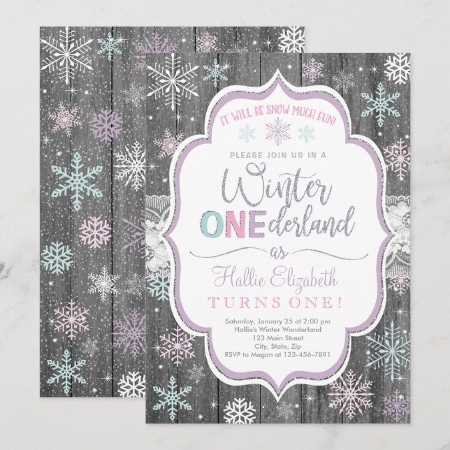 Hiver ONEderland Flocon de neige Invitation Annive (Devant / Derrière)