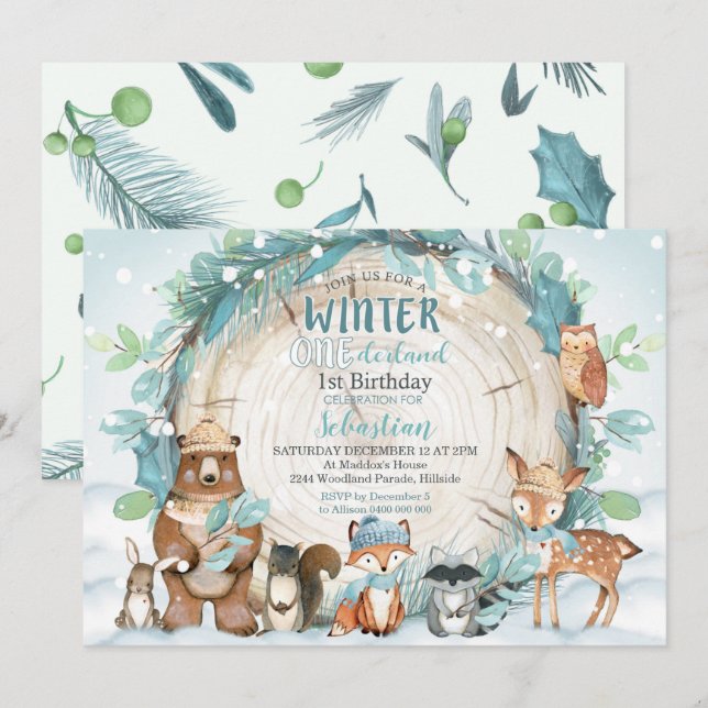 Hiver Onederland Invitation Boy Woodland (Devant / Derrière)