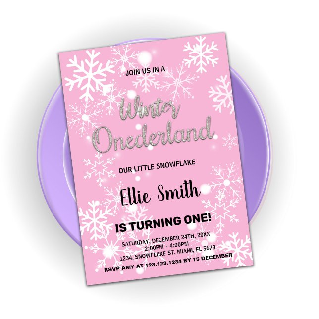 Hiver Onederland Invitations Anniversaire Pink Sil (Winter Onederland Birthday Invitations Pink Silver)