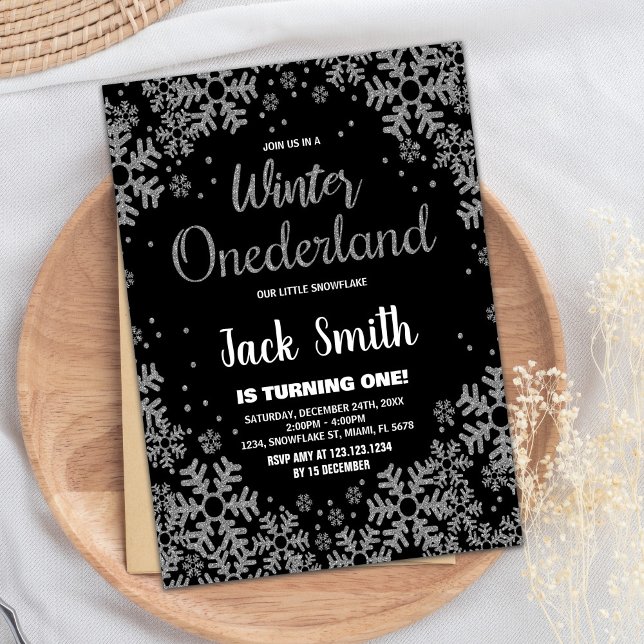 Hiver ONEderland Invitations Black Silver (Winter ONEderland Invitations Black Silver)