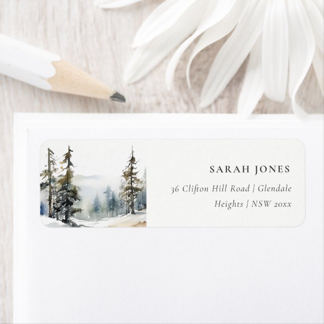 Hiver Pine Arbre Neige Paysage Aquarelle Adresse (En situation)