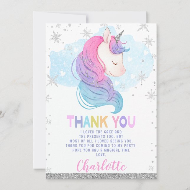 Hiver Unicorne Rainbow Carte de remerciements d'an (Devant)