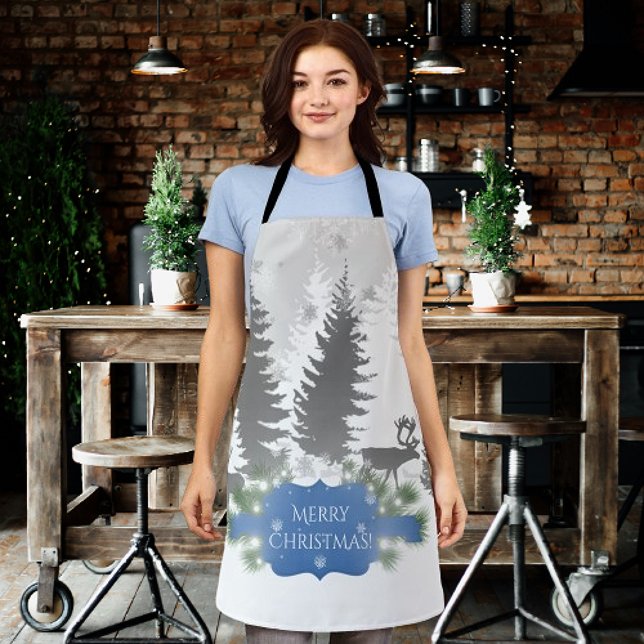 Hiver Wonderland Tout-En-Plan Imprimer Tablier - B (Blue Winter Wonderland Christmas Apron)