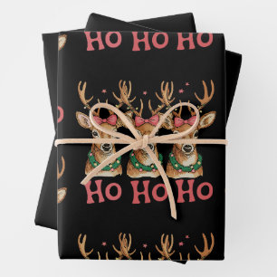 Ho Ho Christmas Deer Pink Bow Girly Xmas Reindeer Wrapping Paper Sheet