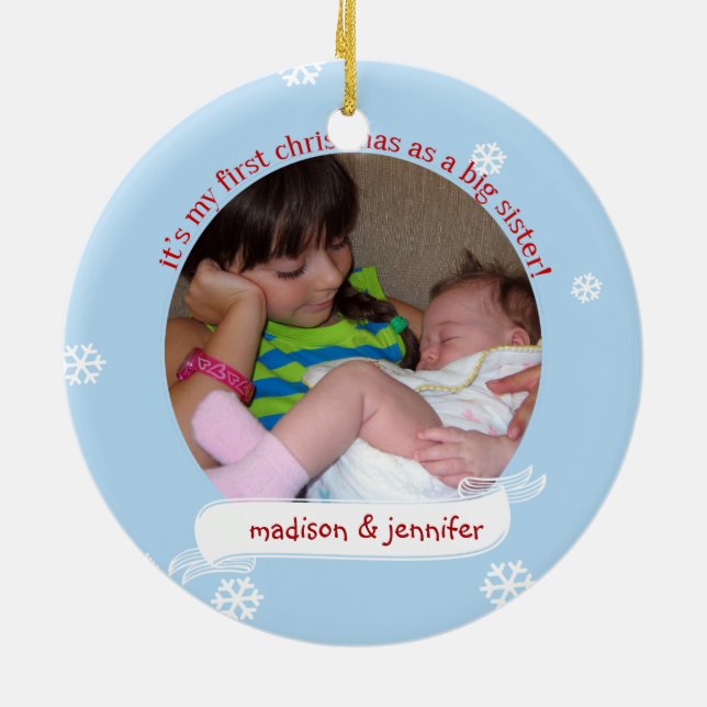 Ho Ho Ho 1st Christmas as Big Sister custom photo Ceramic Ornament (Back)