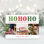 Ho Ho Ho | 3 Photo Collage Editable Colours Folded Holiday Card<br><div class="desc">Affordable custom printed holiday photo cards with a simple template for customization. This cute festive design features bold HO HO HO typography in festive red and green colours. The greeting below reads "Merry Christmas from our family to yours". Personalize it with 3 family photos, your names and the year. Add...</div>