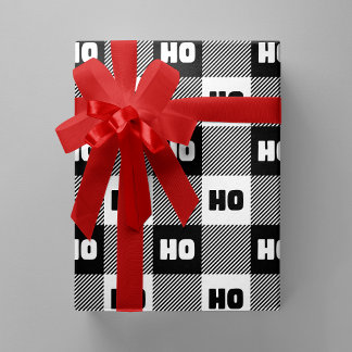 Ho Ho Ho Black White Chic Christmas Buffalo Plaid Wrapping Paper