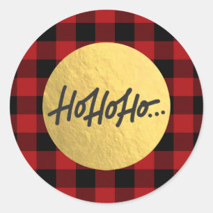 HO HO HO Christmas Holiday Buffalo Plaid Gold Foil Classic Round Sticker