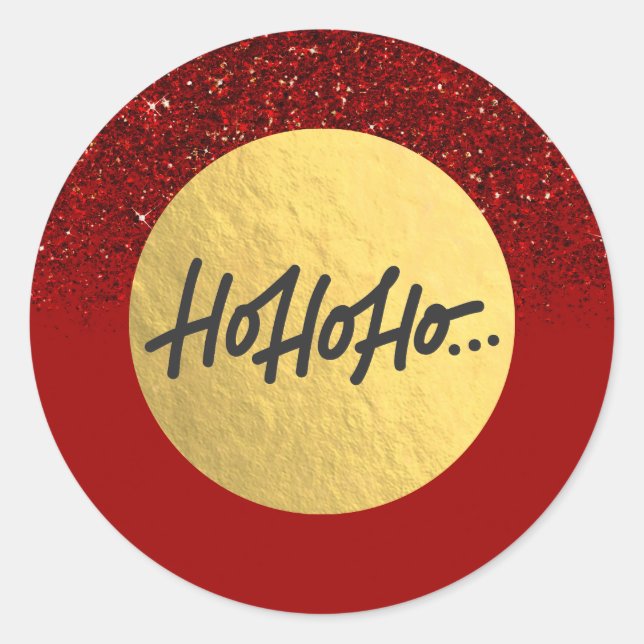HO HO HO Christmas Holiday Red Glitter Gold Foil Classic Round Sticker (Front)