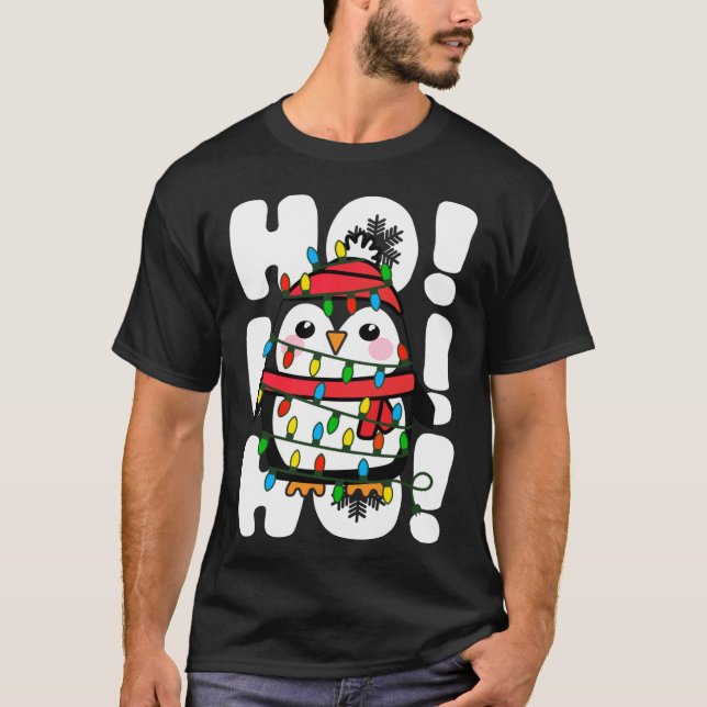 Ho Ho Ho Christmas Lights Cute Penguin T-Shirt (Front)