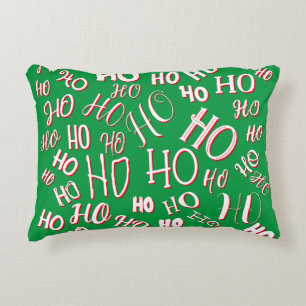 HO HO HO Christmas text pattern white green red Accent Pillow
